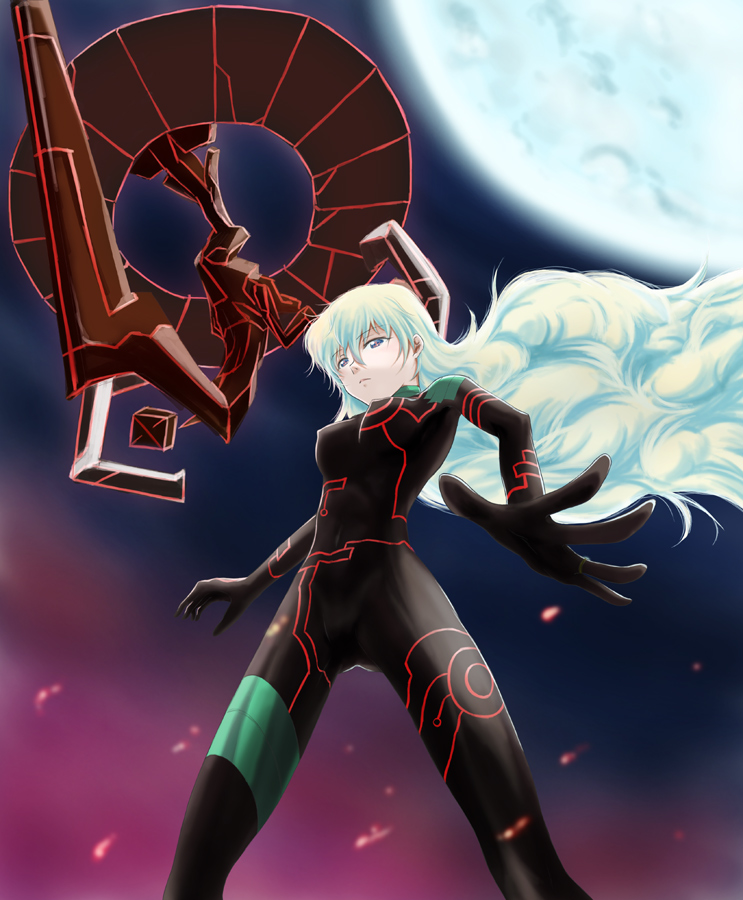 chiaki lsd, antispiral nia, mugann, nia teppelin, tengen toppa gurren lagann, tengen toppa gurren lagann: lagann-hen, + +, 00s, 1girl, blue eyes, bodysuit, covered erect nipples, dark persona, expressionless, female focus, from below, full moon, groin, jewelry, long hair, moon, multicolored hair, neon trim, ring, skin tight, solo, space, symbol-shaped pupils