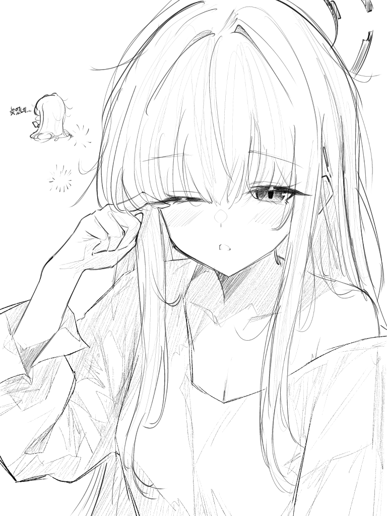 toki (blue archive), blue archive, 1girl, blush, greyscale, halo, koko (user hktv5235), long hair, long sleeves, looking at viewer, monochrome, one eye closed, single off shoulder, sleepy, solo, squeans, upper body, white background