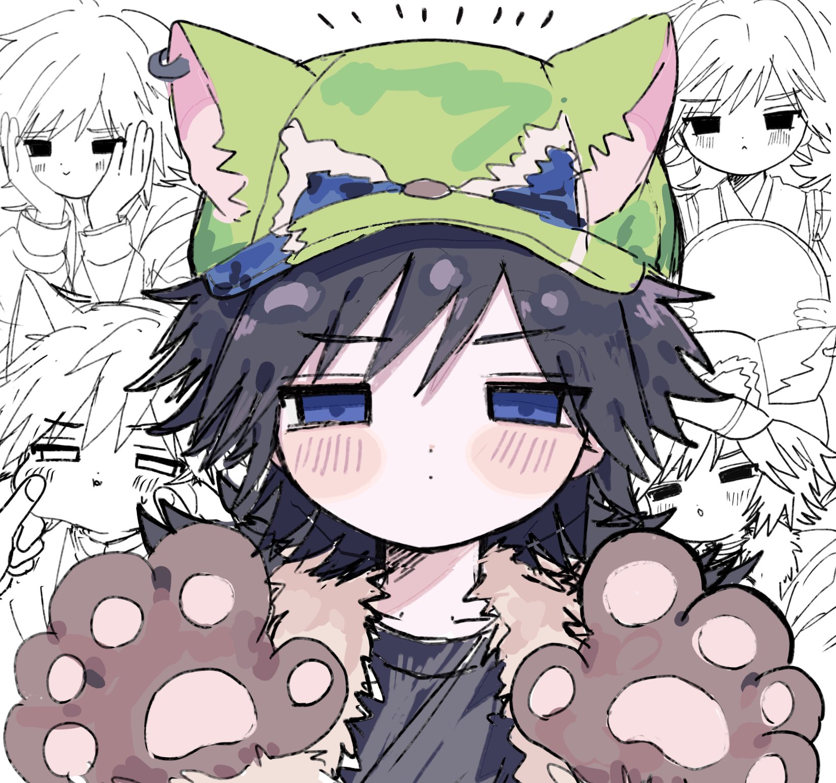 tomioka giyuu, kimetsu no yaiba, highres, 1boy, alternate costume, animal ears, animal hands, animal hat, black hair, cat boy, cat ears, cheek pinching, closed mouth, collarbone, dot mouth, empty eyes, gloves, green hat, half-closed eyes, hands up, hat, holding, light smile, long hair, looking at viewer, low ponytail, male focus, multiple views, paw gloves, pinching, ponytail, solo focus, spiked hair, upper body, usisandao, white background