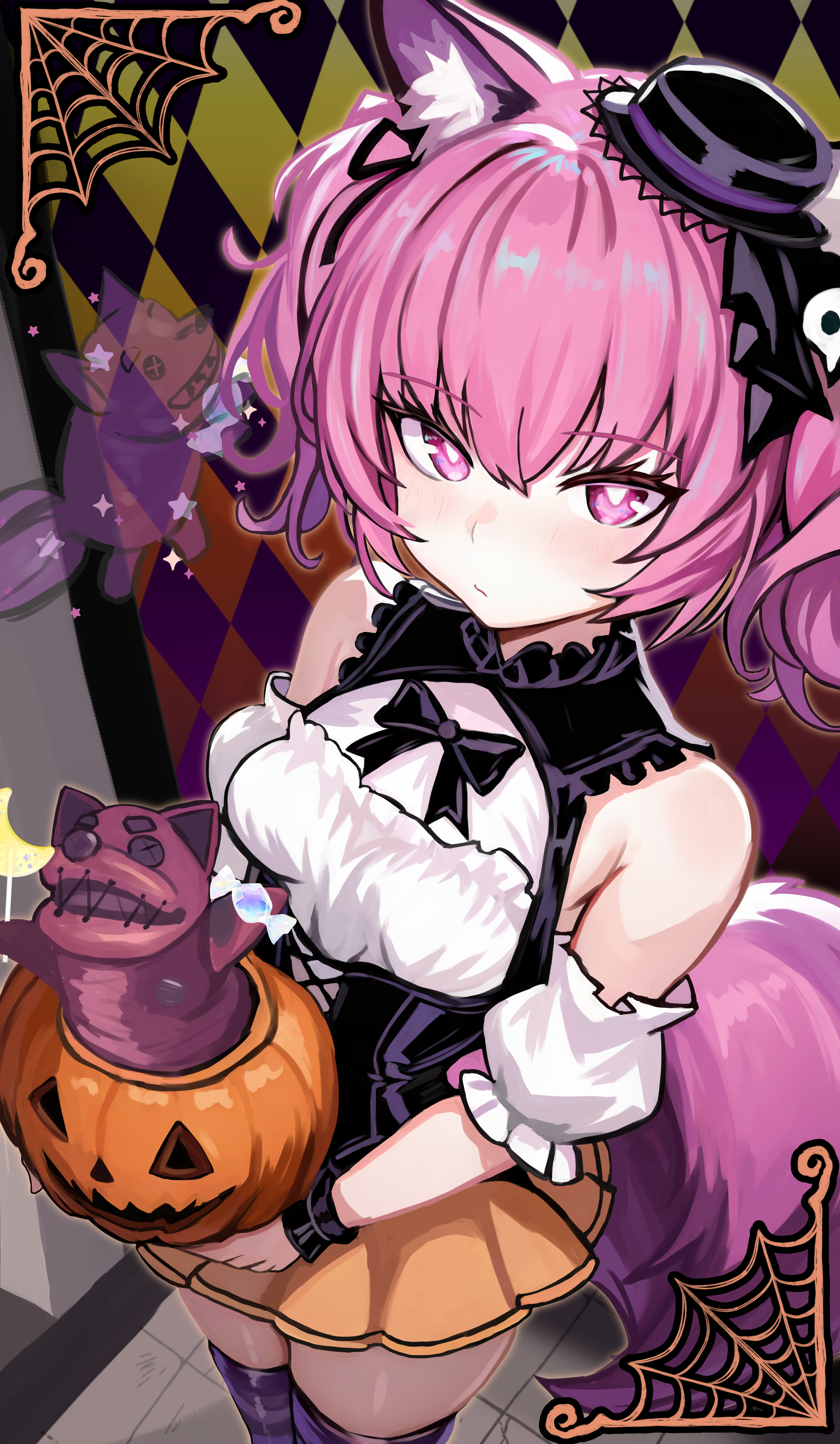 da-negi, shamare (arknights), arknights, absurdres, highres, 1girl, animal ears, bare shoulders, black hat, blush, breasts, fox ears, fox girl, fox tail, hat, heart, heart-shaped pupils, holding, jack-o'-lantern, long hair, looking at viewer, mini hat, orange skirt, pink eyes, pink hair, purple thighhighs, shirt, skirt, small breasts, solo, symbol-shaped pupils, tail, thighhighs, twintails, white shirt