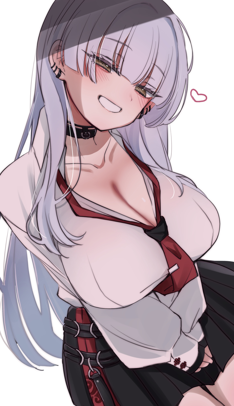 hayupipipipi, julia barnes, muv-luv, muv-luv girls garden, highres, 1girl, black collar, black skirt, blue hair, breasts, brown eyes, cleavage, collar, ear piercing, from above, heart, huge breasts, long hair, looking at viewer, necktie, piercing, red necktie, shirt, skirt, solo, white background, white mouth, white shirt