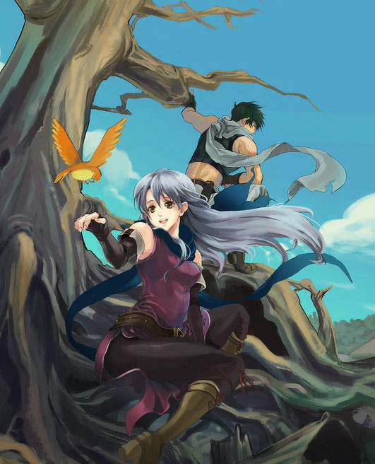 hanakago, micaiah (fire emblem), sothe (fire emblem), yune (fire emblem), fire emblem, fire emblem: radiant dawn, nintendo, silver hair, 1boy, 1girl, bare shoulders, bird, black gloves, black pantyhose, blue scarf, dress, gloves, green hair, long hair, pantyhose, scarf, side slit, sleeveless, sleeveless dress, smile, yellow eyes