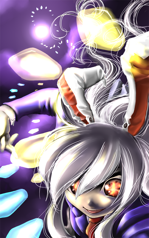 oka (pixiv36449), oka (umanihiki), reisen udongein inaba, touhou, silver hair, bad id, bad pixiv id, 1girl, animal ears, danmaku, female focus, long hair, rabbit ears, red eyes, solo
