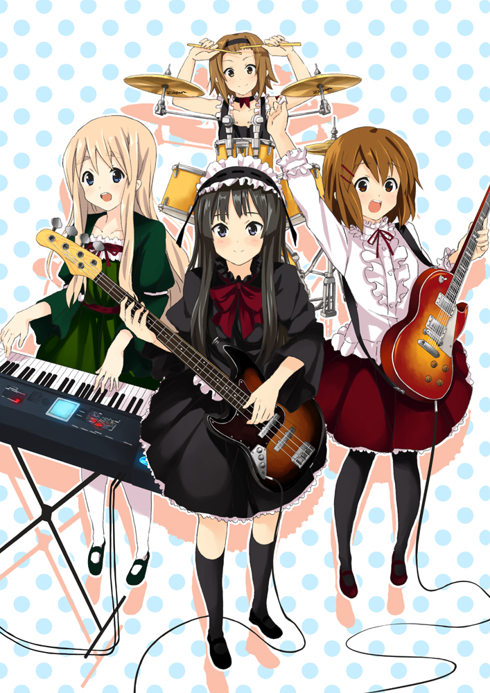 kitagawa unagi, akiyama mio, hirasawa yui, kotobuki tsumugi, tainaka ritsu, fuwafuwa time, k-on!, korg, bad id, bad pixiv id, 00s, 4girls, bass guitar, cagayake! girls pose, drum, drum set, gothic lolita, guitar, ho-kago tea time, instrument, keyboard, keyboard (instrument), lolita fashion, multiple girls, pantyhose
