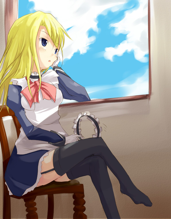 kuro (be ok), bad id, bad pixiv id, 1girl, blonde hair, chair, cloud, crossed legs, day, feet, female focus, garter belt, head rest, maid, maid headdress, sitting, solo, thighhighs, zettai ryouiki
