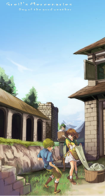 mist (fire emblem), mist (path of radiance) (fire emblem), oscar (fire emblem), rolf (fire emblem), fire emblem, fire emblem: path of radiance, nintendo, 1girl, 2boys, boots, brown hair, green hair, knight, multiple boys, smile