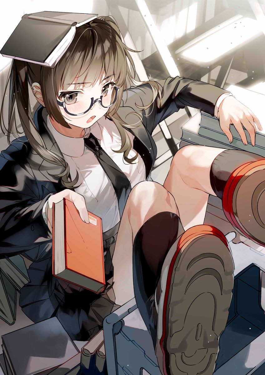 almic, original, commentary request, highres, 1girl, accident, black eyes, black hair, black jacket, black necktie, black skirt, black socks, blazer, blush, book, book on head, bookshelf, collared shirt, fingernails, foreshortening, glasses, holding, holding book, indoors, jacket, ladder, legs up, long sleeves, looking at viewer, necktie, object on head, open clothes, open jacket, open mouth, pleated skirt, semi-rimless eyewear, shirt, shoes, short hair, sidelocks, sitting, skirt, sleeves past wrists, sneakers, socks, solo, stepladder, too many, too many books, twintails, white shirt, white shoes