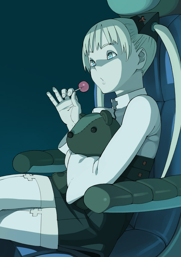 go robots, ishida karin, shangri-la, 00s, blouse, candy, chair, food, from side, holding, holding stuffed toy, lollipop, shirt, sitting, solo, stuffed animal, stuffed toy, thighhighs, white shirt, white thighhighs, zettai ryouiki