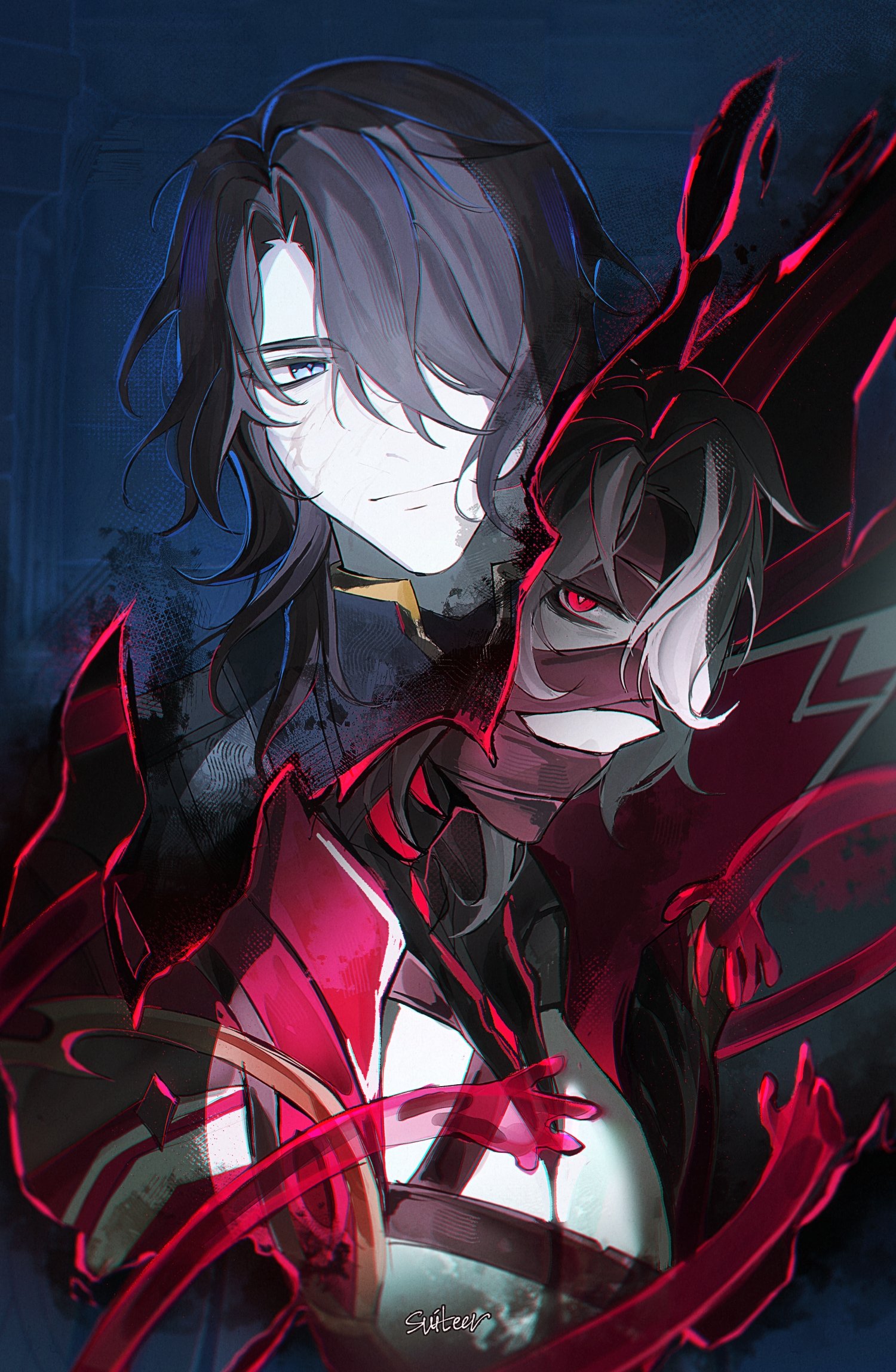 moonya, rerir (genshin impact), genshin impact, commentary, english commentary, highres, 1boy, artist name, bandaged chest, bandaged head, bandages, bandages over mouth, blue eyes, brown hair, cape, closed mouth, collared cape, covered mouth, hair over one eye, high collar, looking at viewer, male focus, medium hair, multiple views, one eye covered, parted bangs, pectorals, profile, red cape, red eyes, sideways glance, signature, upper body, white hair