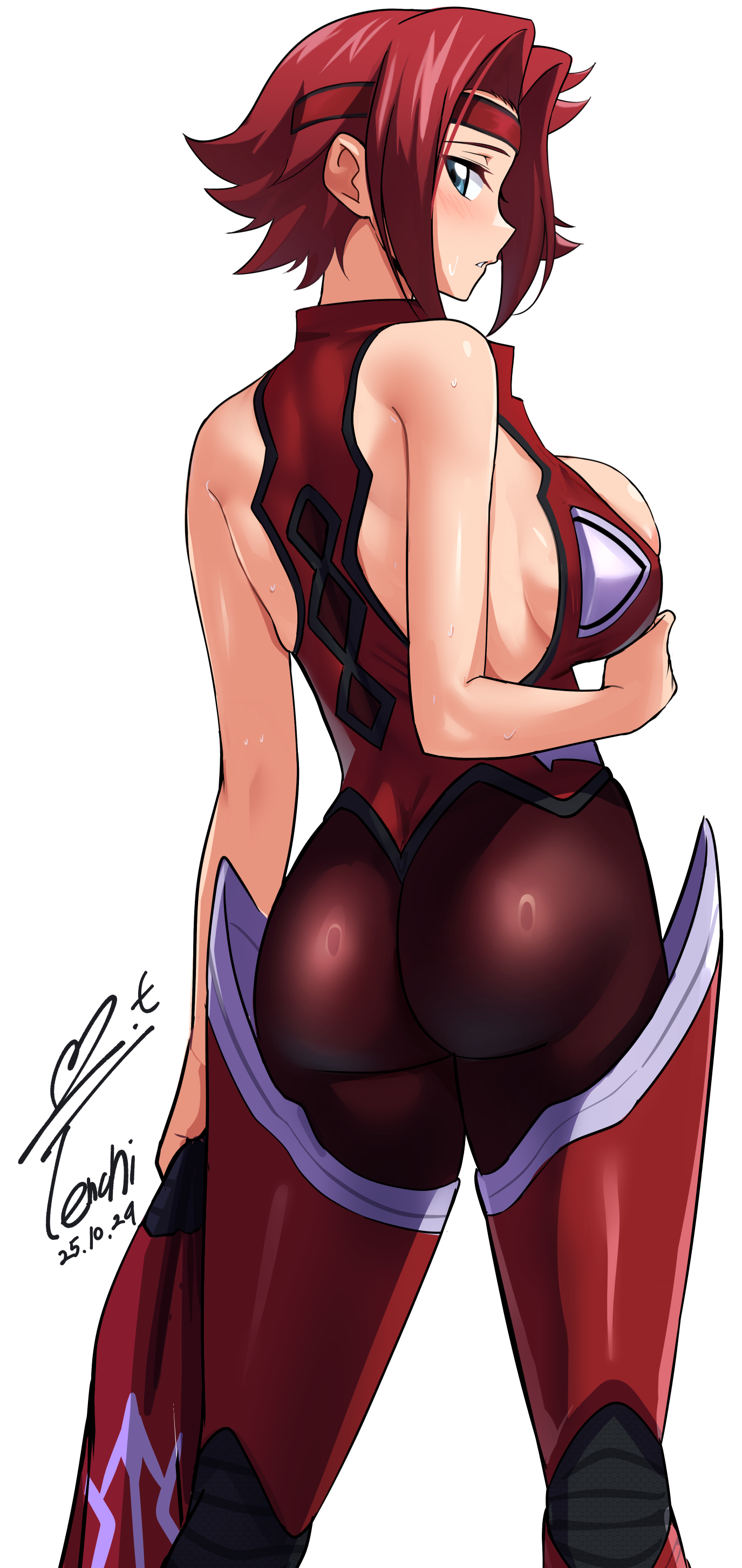 yoo tenchi, kouzuki kallen, code geass, absurdres, commentary request, highres, 1girl, artist name, ass, bare arms, blue eyes, breasts, curtained hair, dated, feet out of frame, from behind, hair intakes, headband, large breasts, looking at viewer, mecha pilot suit, red hair, red headband, shiny clothes, short hair, sideboob, sideways glance, signature, simple background, skindentation, solo, standing, sweat, white background
