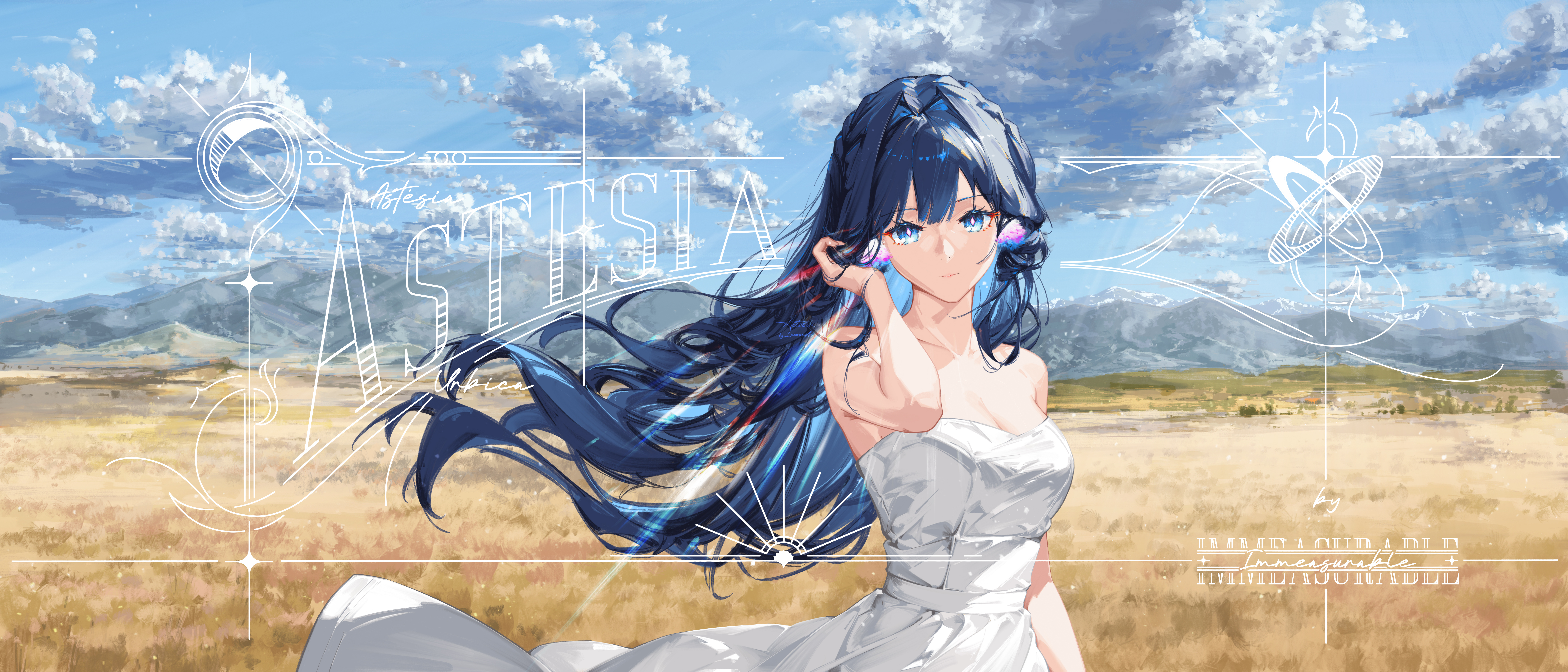 immeasurable, astesia (arknights), arknights, absurdres, highres, 1girl, artist name, bare shoulders, blue eyes, blue hair, blue sky, breasts, bright pupils, character name, character signature, cleavage, cloud, cloudy sky, collarbone, dress, field, floating hair, hair intakes, light rays, long hair, looking at viewer, mountainous horizon, off-shoulder dress, off shoulder, scenery, signature, sky, sleeveless, sleeveless dress, solo, white dress, white pupils