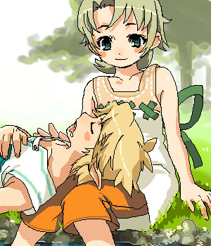 ilia, link, nintendo, the legend of zelda, the legend of zelda: twilight princess, lowres, 1boy, 1girl, blonde hair, couple, green eyes, hetero, lap pillow, oekaki, pointy ears, sleeping, smile