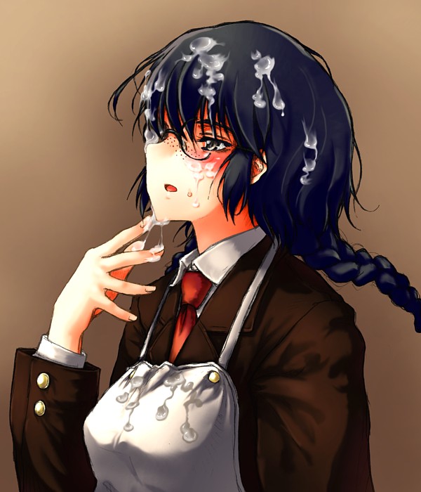 tanisi (hosimade), kirihara maki, ikaryaku, apron, black hair, braid, cum, freckles, glasses, long hair, necktie, solo