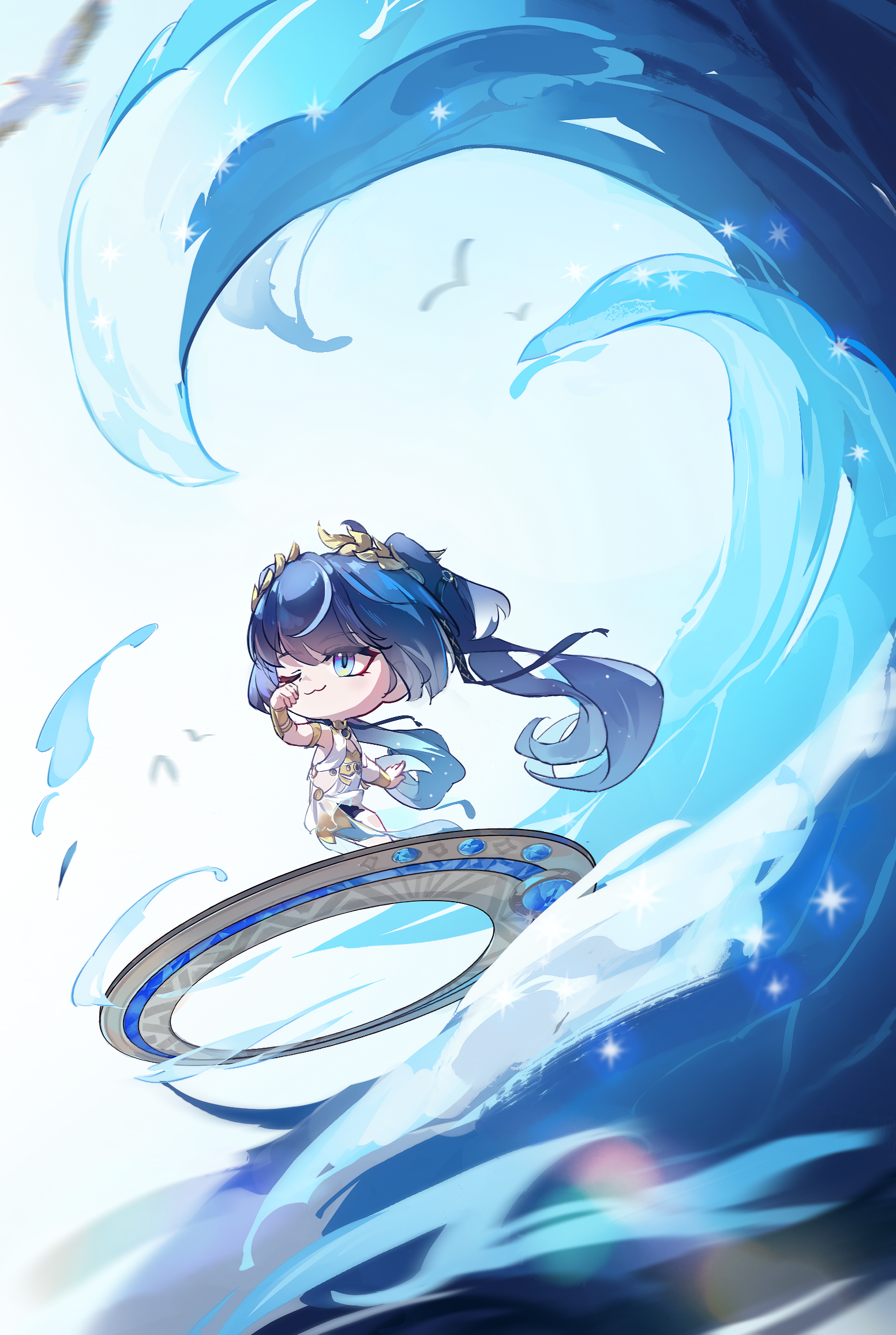 huqu (huqu45712), iuno (wuthering waves), wuthering waves, chinese commentary, commentary request, highres, 1girl, :3, ancient greek clothes, armlet, blue hair, chibi, chibi only, closed mouth, gradient hair, greco-roman clothes, jewelry, laurel crown, long hair, looking ahead, multicolored hair, one eye closed, solo, vambraces
