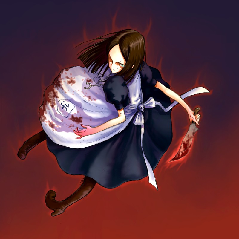 tanisi (hosimade), alice (alice in wonderland), alice liddell (american mcgee's alice), alice's adventures in wonderland, american mcgee's alice, apron, blood, boots, brown hair, knife, short hair, solo
