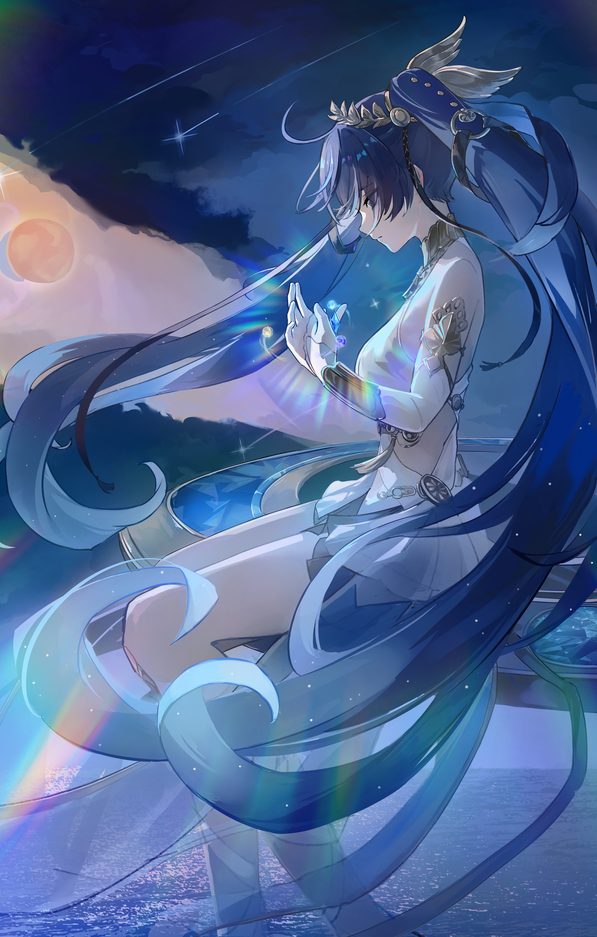 huqu (huqu45712), iuno (wuthering waves), wuthering waves, absurdres, chinese commentary, commentary request, highres, 1girl, ahoge, ancient greek clothes, armlet, bare shoulders, blue eyes, breasts, closed mouth, feet out of frame, greco-roman clothes, hair belt, jewelry, laurel crown, long hair, medium breasts, moon, night, night sky, sitting, sky, solo, sun, thighs, twintails, vambraces, very long hair