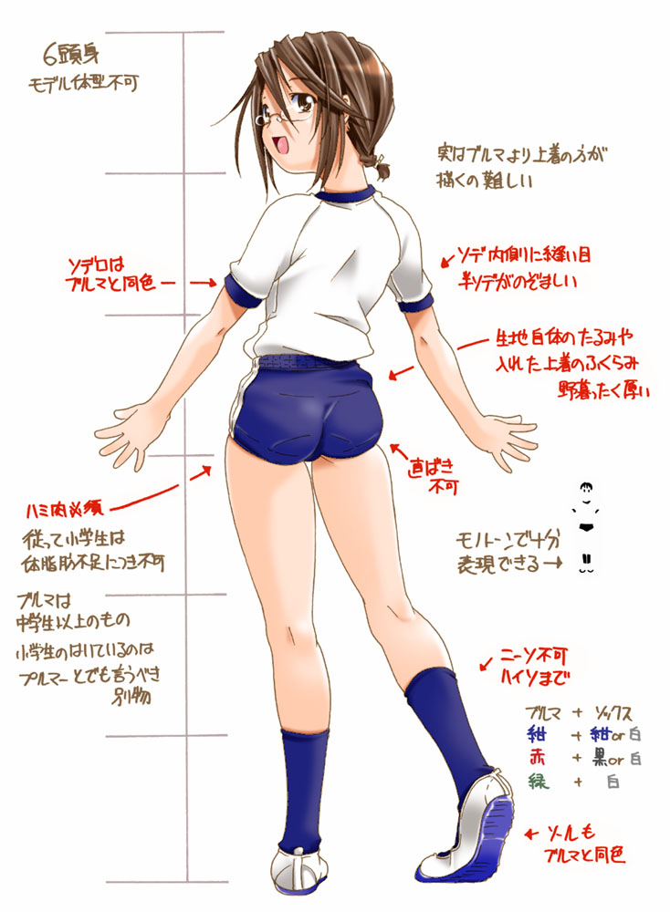 kanoe (gallery walhalla), original, translation request, brown eyes, brown hair, buruma, glasses, gym uniform, how to, looking back, raglan sleeves, short hair, socks, solo