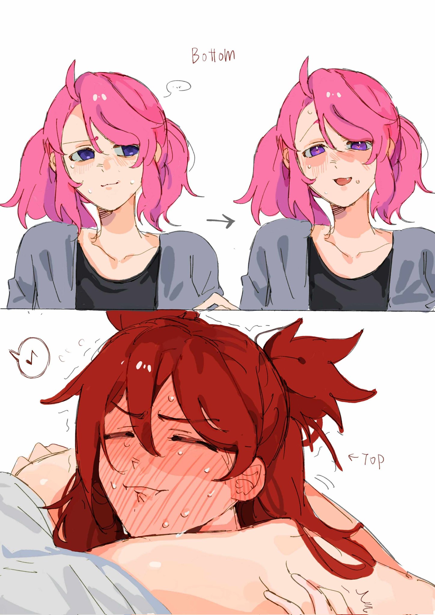 kid sppinarl, jinx (league of legends), lux (league of legends), star guardian (league of legends), star guardian jinx, star guardian lux, league of legends, commentary request, highres, 2girls, black shirt, blush, closed eyes, closed mouth, collarbone, fang, full-face blush, grey jacket, heart, heart-shaped pupils, jacket, medium hair, multiple girls, nervous sweating, open mouth, pink hair, purple eyes, red hair, shirt, sweat, symbol-shaped pupils, top/bottom dynamic annotated, twintails, yuri