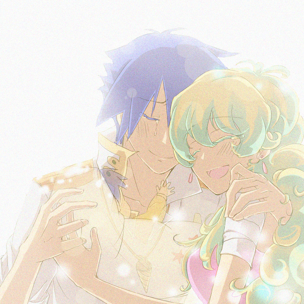 nocho, nia teppelin, simon (ttgl), tengen toppa gurren lagann, tengen toppa gurren lagann: lagann-hen, spoilers, 00s, 1boy, 1girl, baby, bandages, blue hair, closed eyes, core drill, couple, crying, curly hair, drill, earrings, family, happy, hetero, holding, holding hands, illusion, jewelry, long hair, multicolored hair, necklace, short hair, smile, tears