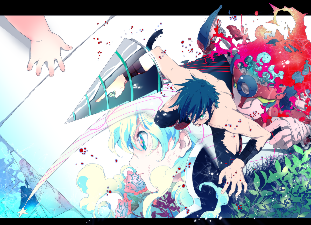 kanke (yonkuma), lagann, nia teppelin, simon (ttgl), tengen toppa gurren lagann, tengen toppa gurren lagann: lagann-hen, bad id, bad pixiv id, 00s, 1boy, 1girl, baby, blood, blue hair, couple, drill, flower, hetero, multicolored hair, torn clothes
