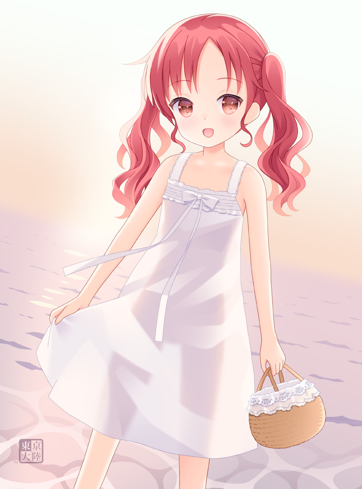 kurasawa kyoushou, natsu megumi, gochuumon wa usagi desu ka?, highres, 1girl, :d, bare arms, bare shoulders, basket, blush, bow, brown eyes, dress, holding, holding basket, long hair, looking at viewer, open mouth, outdoors, parted bangs, red eyes, red hair, see-through clothes, see-through silhouette, skirt hold, sleeveless, sleeveless dress, smile, solo, sundress, twintails, water, white bow, white dress