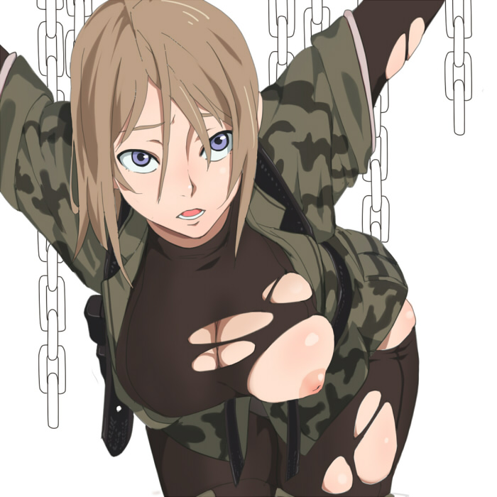 mineji, light brown hair, bad id, bad pixiv id, 1girl, blue eyes, breasts, brown hair, camouflage, chain, female focus, large breasts, nipple slip, nipples, restrained, short hair, solo, spandex, torn clothes
