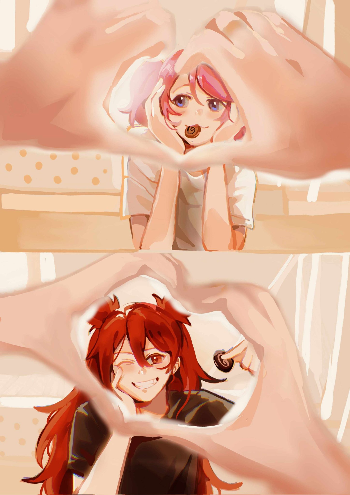 kid sppinarl, jinx (league of legends), lux (league of legends), star guardian (league of legends), star guardian jinx, star guardian lux, league of legends, commentary, highres, symbol-only commentary, 2girls, black shirt, blue eyes, female pov, hair between eyes, head rest, heart, heart hands, long hair, mouth hold, multiple girls, open mouth, pink hair, pov, red eyes, red hair, shirt, short hair, two side up, white shirt