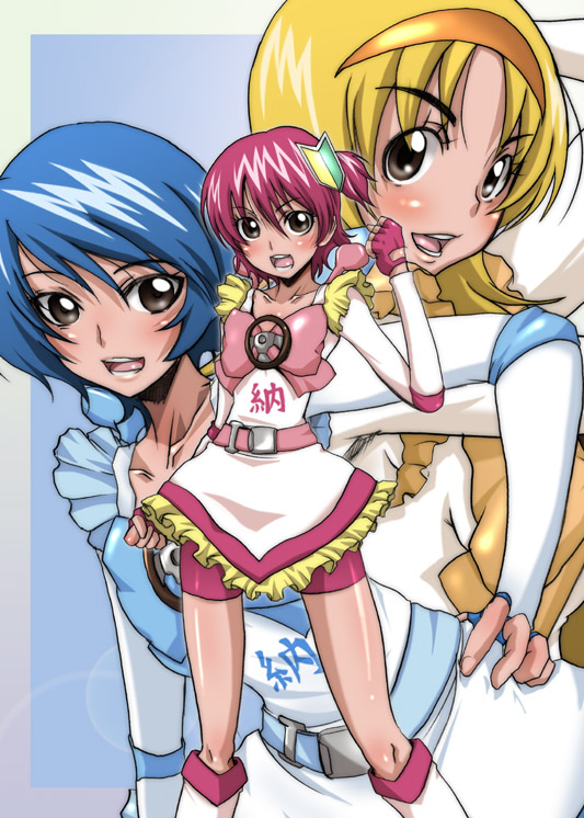 hirokawa kouichirou, jidoushazei wo osametai, 3girls, belt, bike shorts, blonde hair, blue hair, blush, bow, clenched hand, clenched hands, dress, fingerless gloves, gloves, grey eyes, hairband, hand on own hip, hip focus, leaning, long hair, magical girl, multiple girls, parody, pink bow, pink hair, short hair, shoshinsha mark, side ponytail, steering wheel, wheel