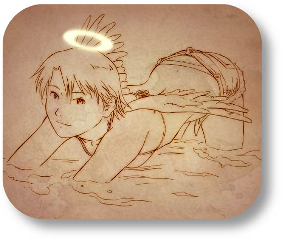 aaru sentou shuudan, kana, kana (haibane renmei), haibane renmei, 00s, 1girl, bikini, brown theme, denim, denim shorts, female focus, halo, monochrome, rounded corners, shorts, solo, swimsuit, top-down bottom-up, traditional halo, water, wet, wings