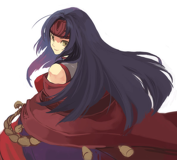 sanaki kirsch altina, fire emblem, fire emblem: path of radiance, fire emblem: radiant dawn, nintendo, 1girl, female focus, headband, long hair, looking back, purple hair, robe, smile, solo, yellow eyes