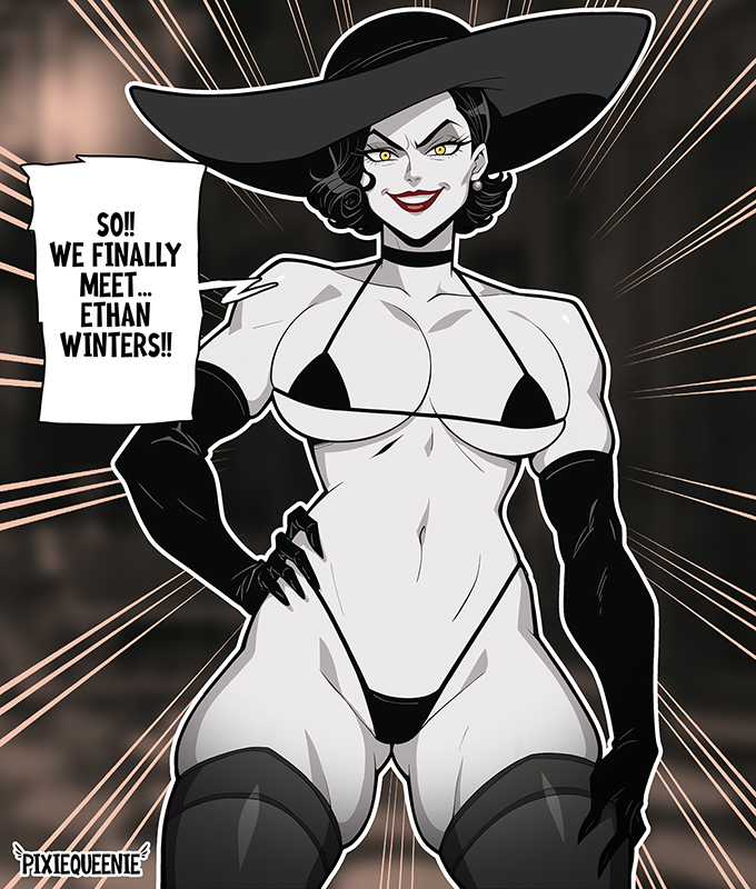 pixiqueenie, alcina dimitrescu, resident evil, resident evil village, 1girl, ass, bikini, black bikini, black gloves, black thighhighs, breasts, choker, detached sleeves, elbow gloves, english text, evil smile, gloves, gluteal fold, hand on own hip, hat, large breasts, legs, mature female, outline, pale skin, short hair, smile, solo, sun hat, swimsuit, tall female, thick thighs, thighhighs, thighs, white outline, yellow eyes