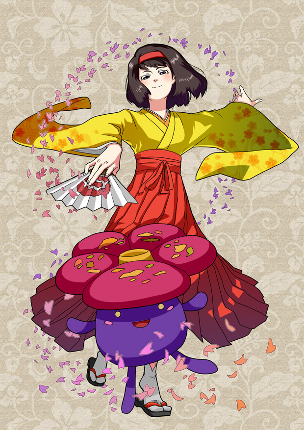 ebi (daidalwave), ebi (pixiv), erika (pokemon), vileplume, nintendo, pokemon, pokemon frlg, bad id, bad pixiv id, 00s, 1boy, 1girl, black hair, gen 1 pokemon, gym leader, hairband, hand fan, japanese clothes, petals, pokemon (creature), sandals, short hair, tabi