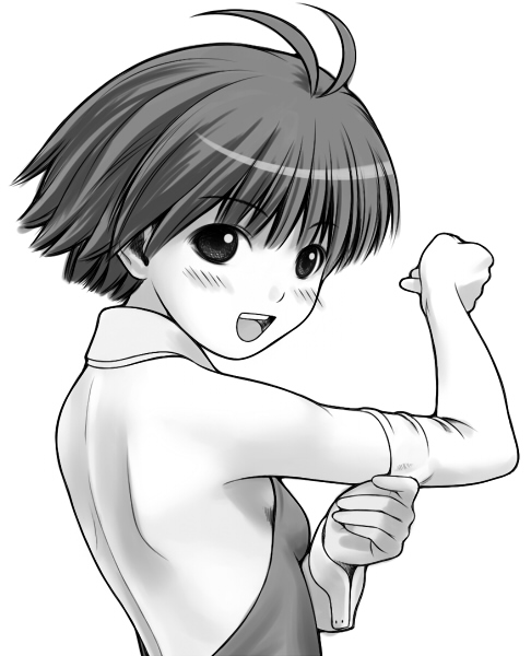nekopuchi, kikuchi makoto, idolmaster, idolmaster (classic), 00s, 1girl, adjusting clothes, antenna hair, back, bare back, blush, blush stickers, breasts, elbow gloves, female focus, gloves, greyscale, halterneck, looking at viewer, looking back, monochrome, open mouth, short hair, simple background, small breasts, smile, solo, upper body, white background