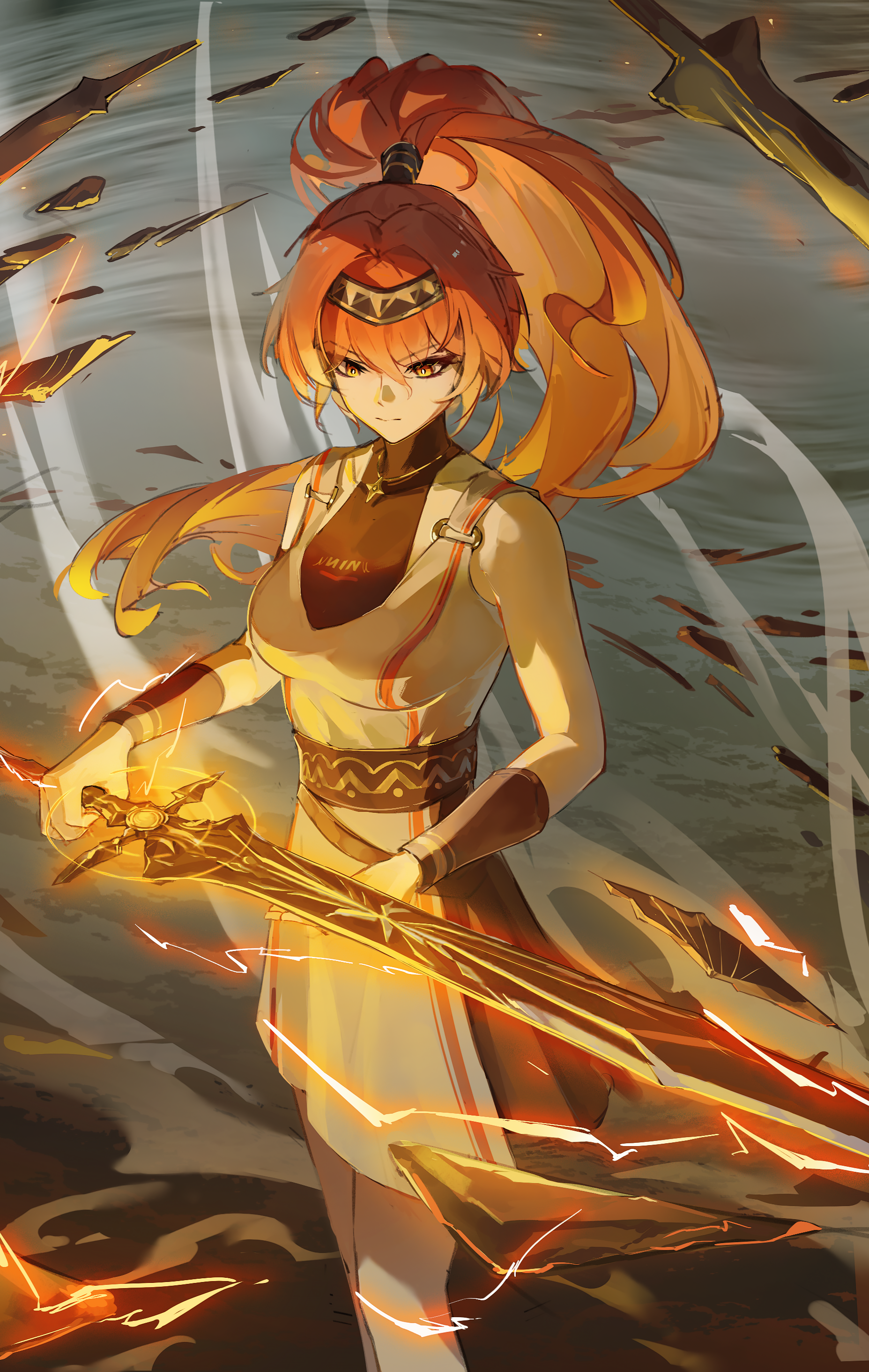 huqu (huqu45712), augusta (wuthering waves), wuthering waves, absurdres, chinese commentary, commentary request, highres, 1girl, ancient greek clothes, arm armor, black hairband, breasts, closed mouth, dress, electricity, greco-roman clothes, hair between eyes, hairband, high ponytail, holding, holding sword, holding weapon, long hair, medium breasts, orange eyes, orange hair, ponytail, sitting, solo, sword, weapon, white dress