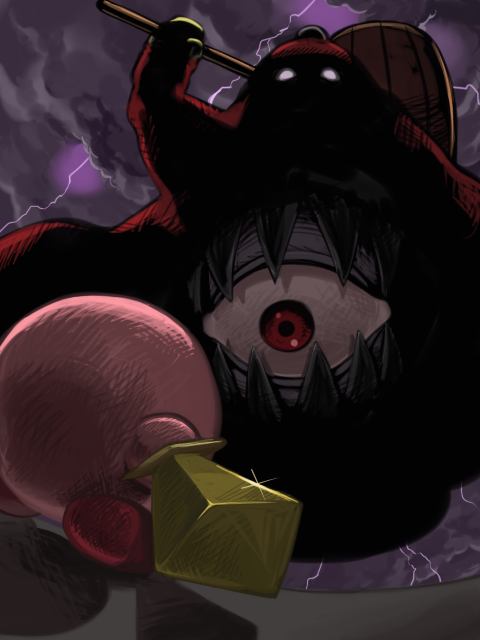 ebi (daidalwave), ebi (pixiv), dark matter (kirby), king dedede, kirby, sword kirby, kirby's dream land, kirby's dream land 3, kirby's dreamland, kirby (series), nintendo, bad id, bad pixiv id, glowing, hammer, no humans, shaded face, sparkle, sword, weapon