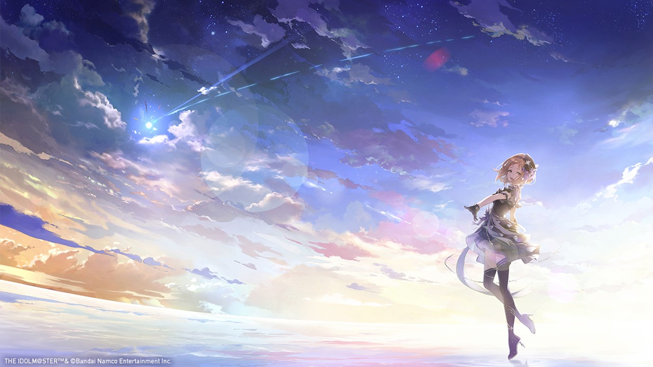 sakuragi mano, idolmaster, idolmaster shiny colors, idolmaster shiny colors song for prism, official art, 1girl, black gloves, cloud, floating hair, gloves, gradient sky, hat, high heels, idol, idol clothes, open mouth, outdoors, shooting star, sky, star (sky), twilight