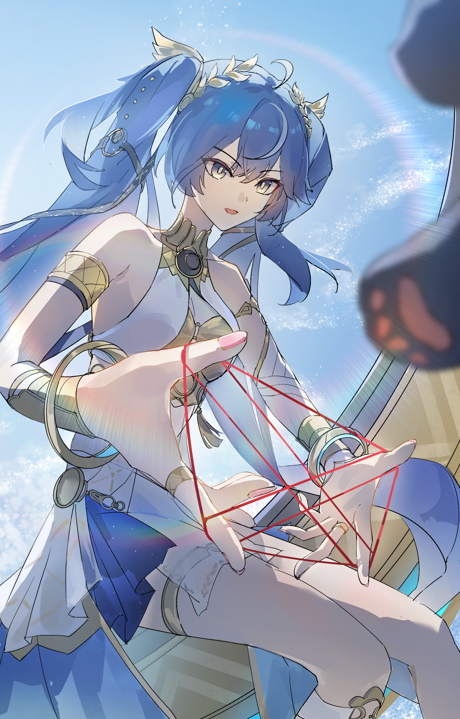 huqu (huqu45712), iuno (wuthering waves), wuthering waves, chinese commentary, commentary request, highres, 1girl, ahoge, ancient greek clothes, armlet, bare shoulders, blue eyes, blue hair, breasts, cat, cat's cradle, feet out of frame, gold bra, greco-roman clothes, hair belt, jewelry, laurel crown, medium breasts, open mouth, sitting, solo, thighlet, twintails