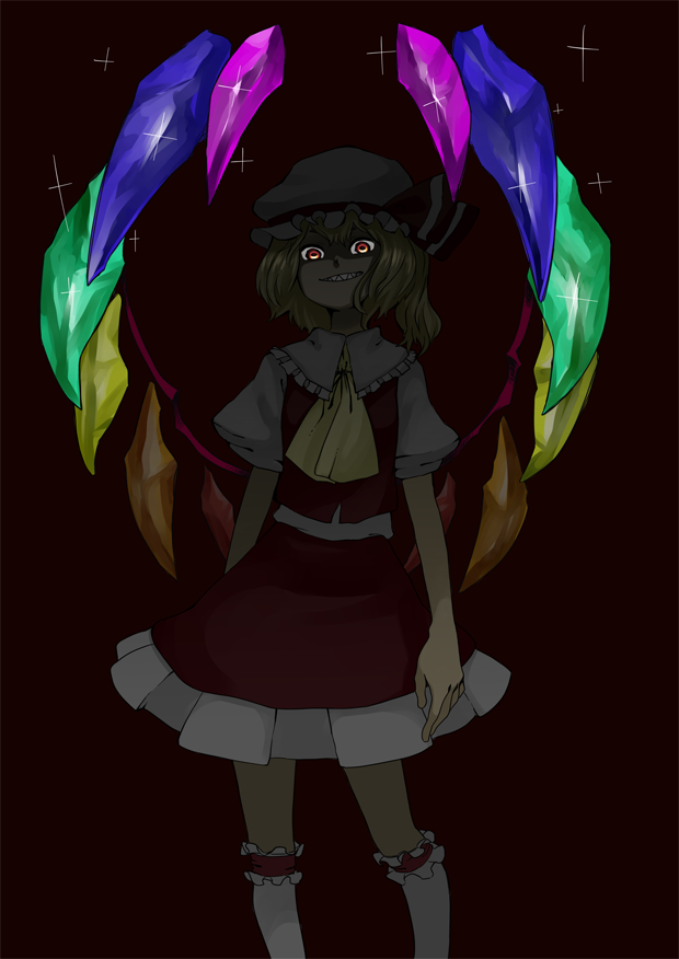 ebi (daidalwave), ebi (pixiv), flandre scarlet, embodiment of scarlet devil, touhou, bad id, bad pixiv id, 1girl, alternate wings, blonde hair, dark, evil grin, evil smile, female focus, glaring, glowing, glowing eyes, grin, hat, ponytail, red eyes, sharp teeth, short hair, side ponytail, smile, solo, teeth, wings