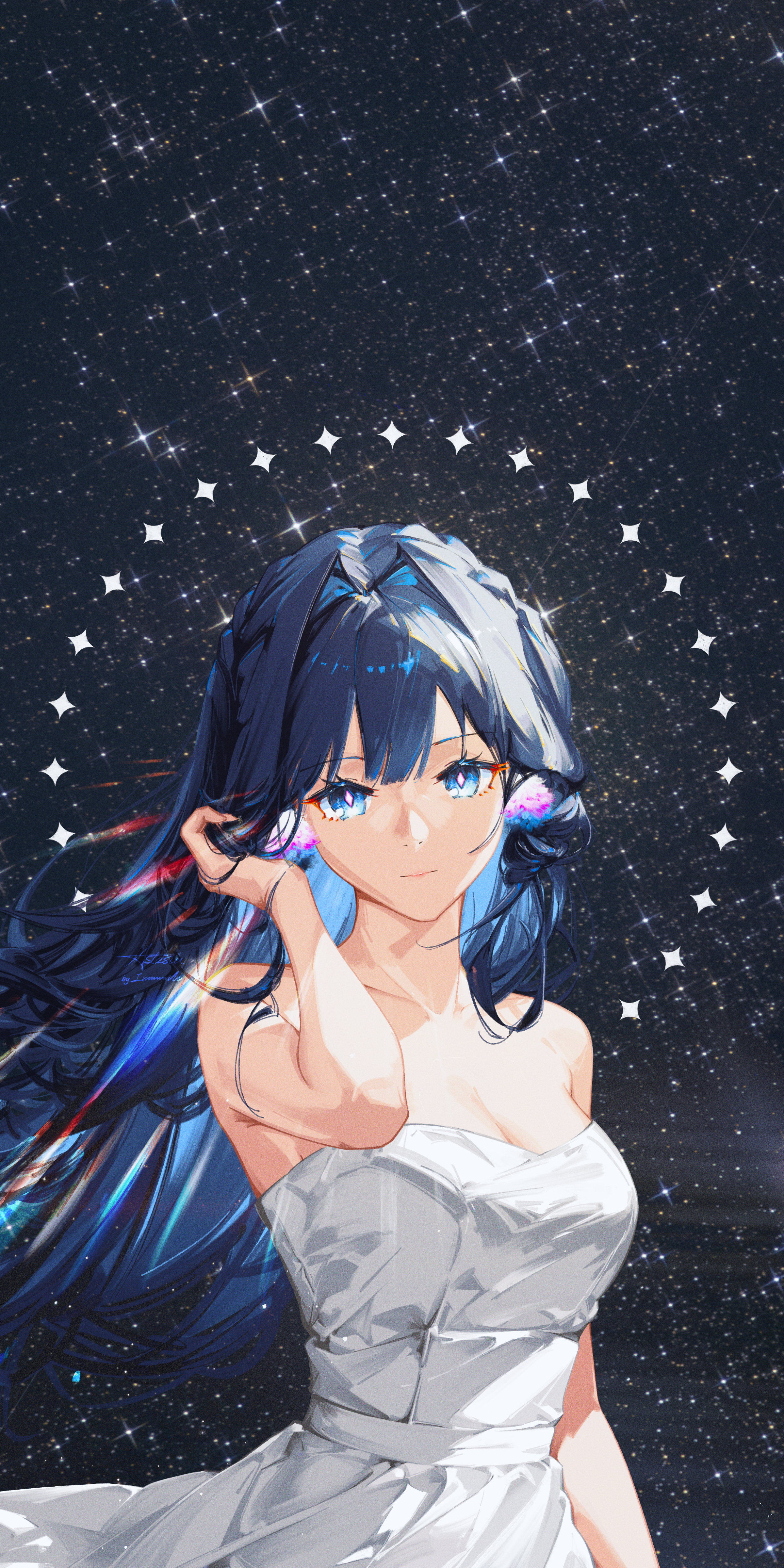 immeasurable, astesia (arknights), arknights, absurdres, highres, 1girl, animal ears, bare shoulders, bird ears, blue eyes, blue hair, breasts, bright pupils, cleavage, dress, empire waist, expressionless, hand in own hair, long hair, looking at viewer, photo background, sky, solo, star (sky), star (symbol), starry sky, upper body, white dress, white pupils