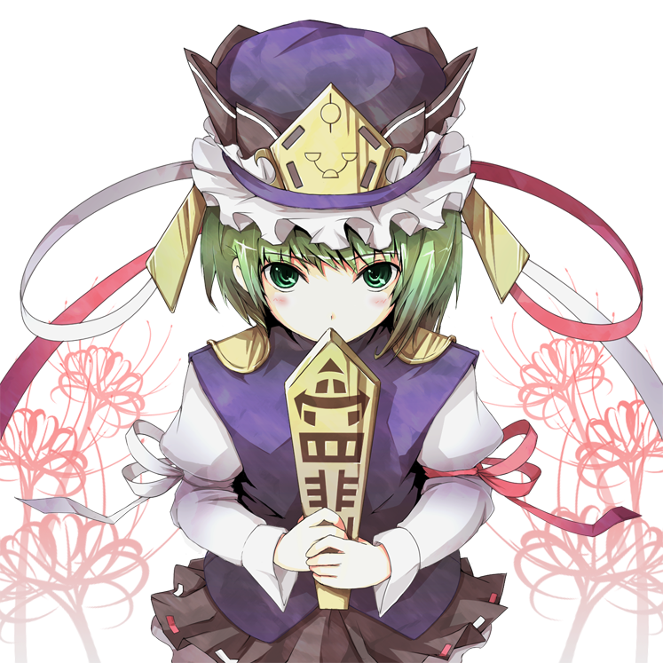 crost, shiki eiki, touhou, 1girl, blush, female focus, flower, green eyes, green hair, hat, plant, rod of remorse, solo, standing, white background