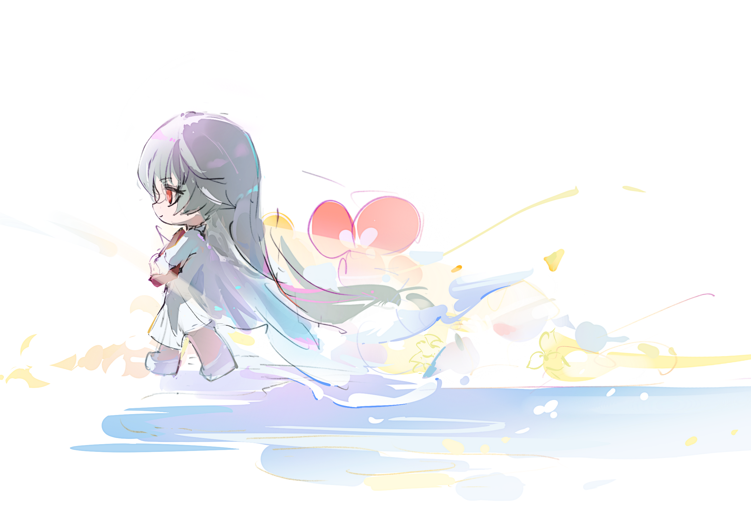 huqu (huqu45712), phrolova (wuthering waves), wuthering waves, chinese commentary, commentary request, highres, 1girl, chibi, chibi only, closed mouth, dress, grey hair, long hair, looking ahead, multicolored hair, official alternate costume, red eyes, smile, solo, streaked hair, very long hair, walking, white dress