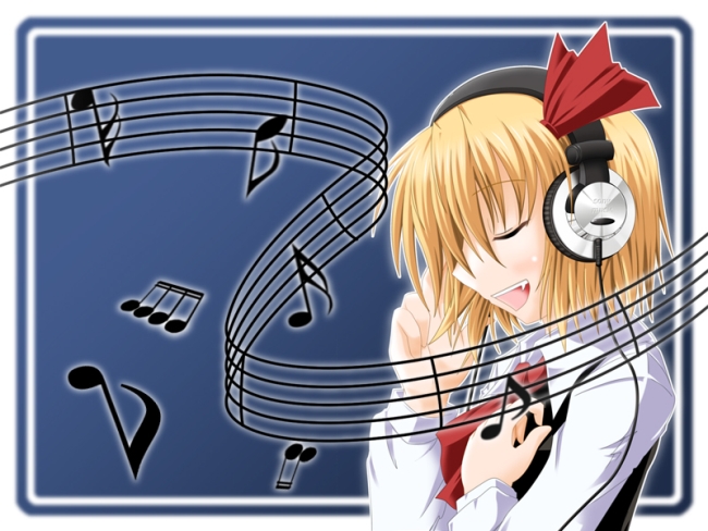 taiga, taiga (natsu hotaru), rumia, embodiment of scarlet devil, touhou, 1girl, blonde hair, closed eyes, fang, female focus, hair ribbon, headphones, music, musical note, ribbon, short hair, singing, solo, standing