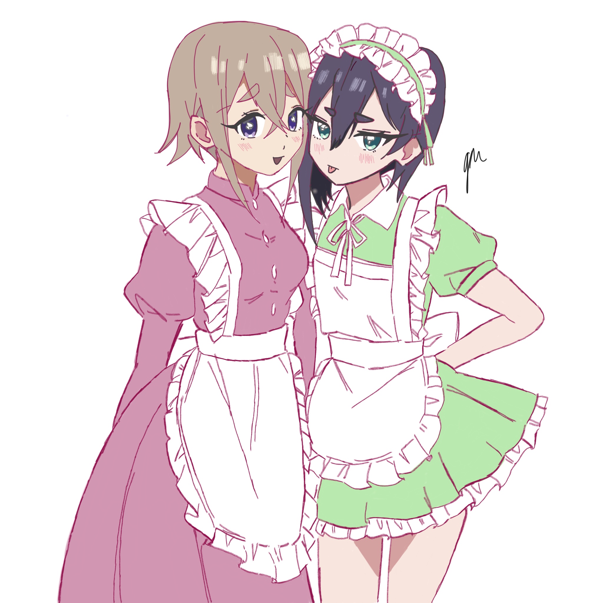 haraga kurumi, sutou iku, kimi no koto ga dai dai dai dai daisuki na 100-nin no kanojo, highres, non-web source, apron, green eyes, maid apron, purple eyes, purple hair, white hair