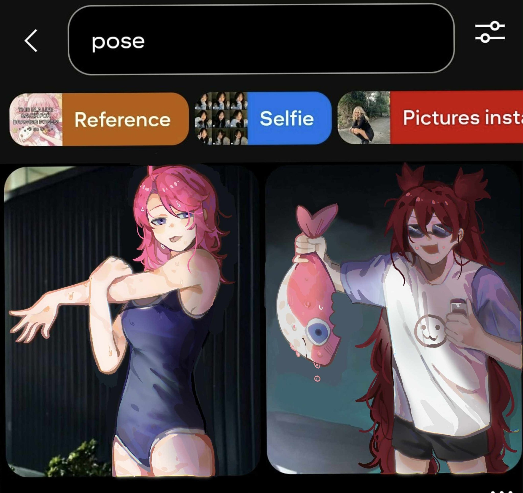 kid sppinarl, jinx (league of legends), lux (league of legends), star guardian (league of legends), star guardian jinx, star guardian lux, league of legends, highres, 2girls, black shorts, blue one-piece swimsuit, breasts, fish, hair down, looking at poses to draw and (meme), medium breasts, medium hair, meme, multiple girls, one-piece swimsuit, pink hair, shirt, shorts, stretching, swimsuit, tongue, tongue out, two side up, wet, white shirt