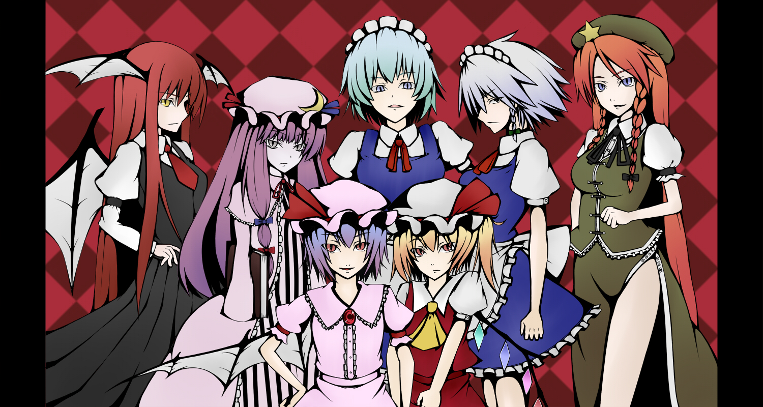 shihiron, cirno, flandre scarlet, hong meiling, izayoi sakuya, koakuma, patchouli knowledge, remilia scarlet, embodiment of scarlet devil, touhou, silver hair, 6+girls, bat wings, blonde hair, blue eyes, blue hair, braid, breasts, china dress, chinese clothes, dress, female focus, hairband, hat, head wings, long hair, maid, multiple girls, ponytail, purple hair, red eyes, red hair, short hair, side ponytail, skirt, slit pupils, twin braids, wings