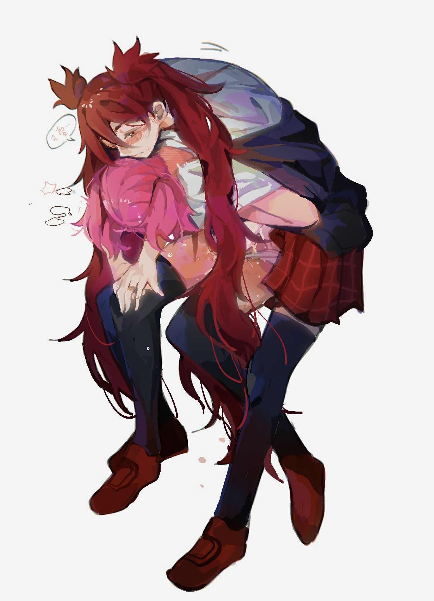 kid sppinarl, jinx (league of legends), lux (league of legends), star guardian (league of legends), star guardian jinx, star guardian lux, league of legends, commentary request, highres, 2girls, black jacket, black thighhighs, fingering, holding hands, invisible chair, jacket, long hair, multiple girls, panties, panty pull, pink hair, purple eyes, red hair, red shoes, red skirt, shoes, short hair, simple background, sitting, skirt, thighhighs, twintails, two side up, underwear, white background, white panties, yuri