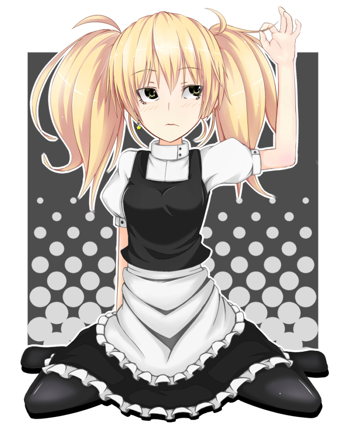 shihiron, kirisame marisa, touhou, 1girl, alternate hairstyle, blonde hair, female focus, maid, pantyhose, short hair, sitting, solo, thighhighs, twintails, yellow eyes