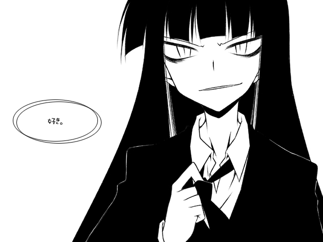 galore, female protagonist (houkago play), houkago play, translated, 1girl, adjusting clothes, adjusting necktie, adjusting tie, blazer, female focus, greyscale, jacket, monochrome, necktie, school uniform, solo