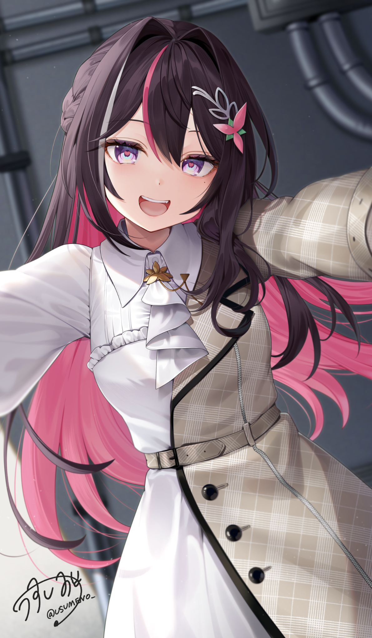 usushio, azki (4th costume) (hololive), azki (hololive), hololive, commentary request, highres, 1girl, :d, ascot, asymmetrical sidelocks, black hair, blurry, blurry background, braid, brown jacket, collared dress, colored inner hair, double-parted bangs, dress, hair intakes, hair ornament, hairclip, half-jacket, half up braid, jacket, kabedon on viewer, long hair, long sleeves, looking at viewer, mole, mole under eye, multicolored hair, official alternate costume, open mouth, pink hair, purple eyes, sidelocks, smile, solo, streaked hair, teeth, upper teeth only, very long hair, virtual youtuber, white ascot, white dress, white hair