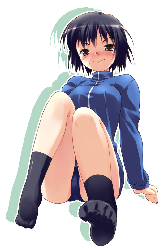 hoshizaki hikaru, nanasaki ai, amagami, black socks, blush, buruma, feet, foreshortening, full body, smile, socks, solo, toe scrunch